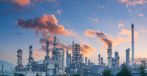 Petrochemical industry on sunset and Twilight sky, Power plant, Energy power station area.