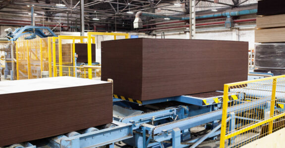 Plywood products and production on the assembly line of a plywood factory