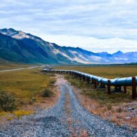 an image of the trans-alaskan oil pipeline that carries oil from the northern part of Alaska all the way to valdez. this shot is right near the arctic national wildlife refuge