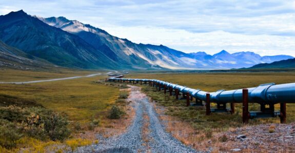 an image of the trans-alaskan oil pipeline that carries oil from the northern part of Alaska all the way to valdez. this shot is right near the arctic national wildlife refuge