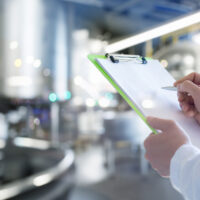 An engineer in a food production facility makes entries in a journal. Work as an engineer in a food company.