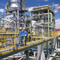 chemical industry plant - workers in work clothes in a refinery with pipes and machinery