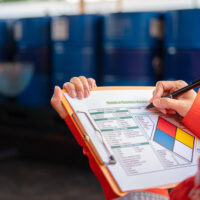 A safety office is checking on the hazardous material checklist form with chemical storage area at the factory as background. Industrial safety working scene, selective focus.