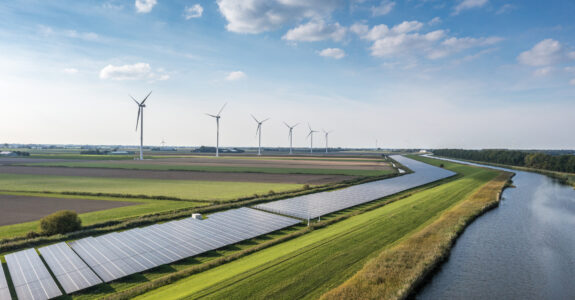 Wind, sun and water energy. Solar panels and wind turbines generating renewable energy for green and sustainable future.