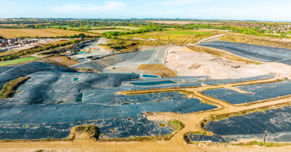 Landfill at a country side. Aerial view of a crowded ash dump