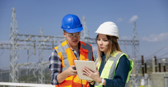 Young workers looking and checking wind turbines at field Young workers looking and checking wind turbines at field