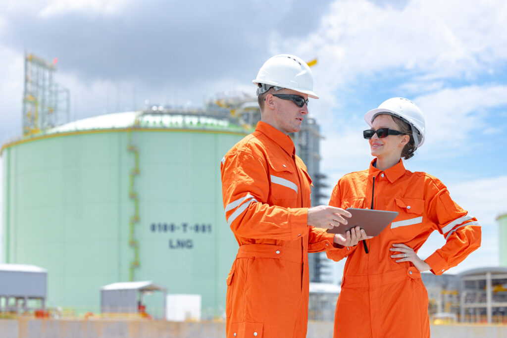 Petroleum workers, LNG tank inspection, Onshore Gas Site surveyor team, Oil Petrochemical industry