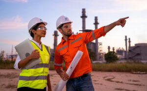 Two,Engineers,Working,With,Laptop,At,Front,Oil,And,Gas