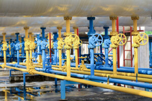 Valves at gas plant, Pressure safety valve selective focus.