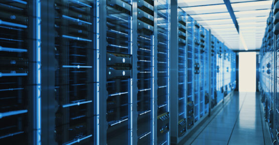 data center Server racks in computer network security server room data center. 3D render dark blue